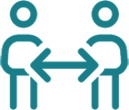 Two people are holding hands and one is holding a blue arrow.